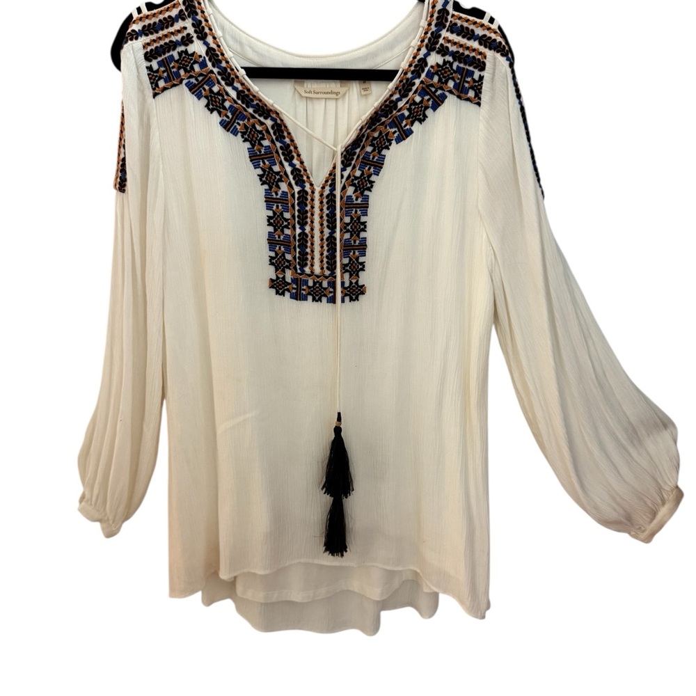 Soft Surroundings Cream Blouse Split Neckline Wit… - image 1